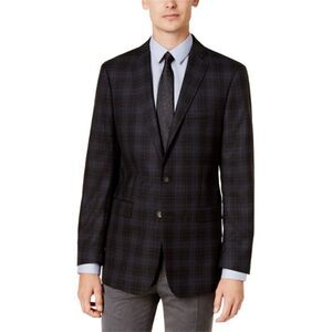 Calvin Klein Mens Plaid Two Button Blazer Jacket, Black C36